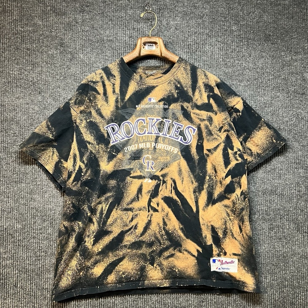 Vintage Colorado Rockies 2007‎ Playoffs T Shirt Men's XL Black Bleach Dye